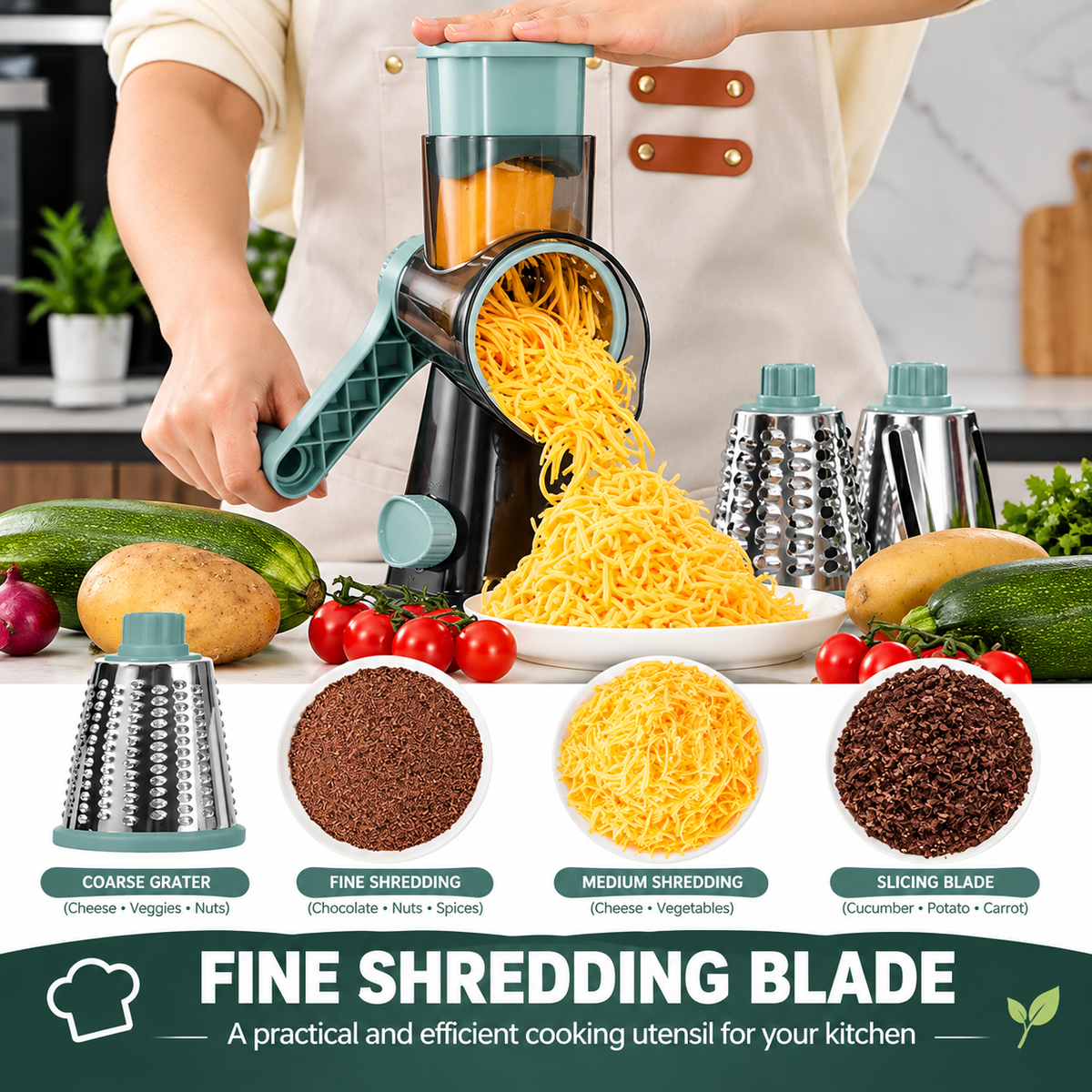 4-in-1 Rotary Cheese Grater & Vegetable Slicer – Manual Drum Shredder