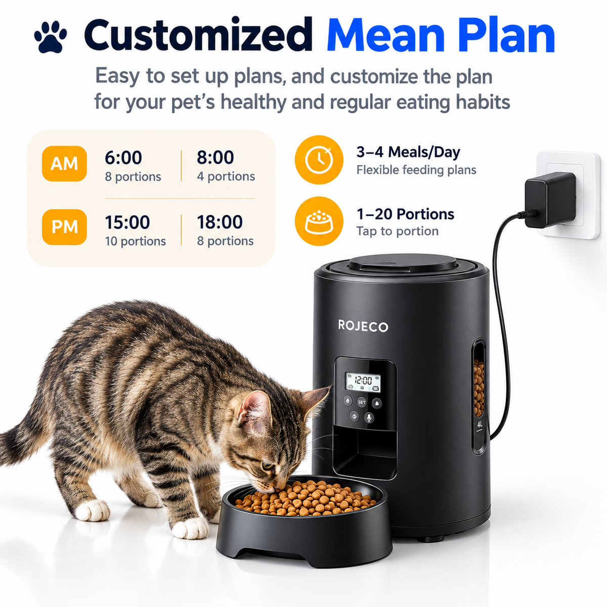 ROJECO 4L Automatic Pet Feeder – Programmable Cat & Dog Food Dispenser