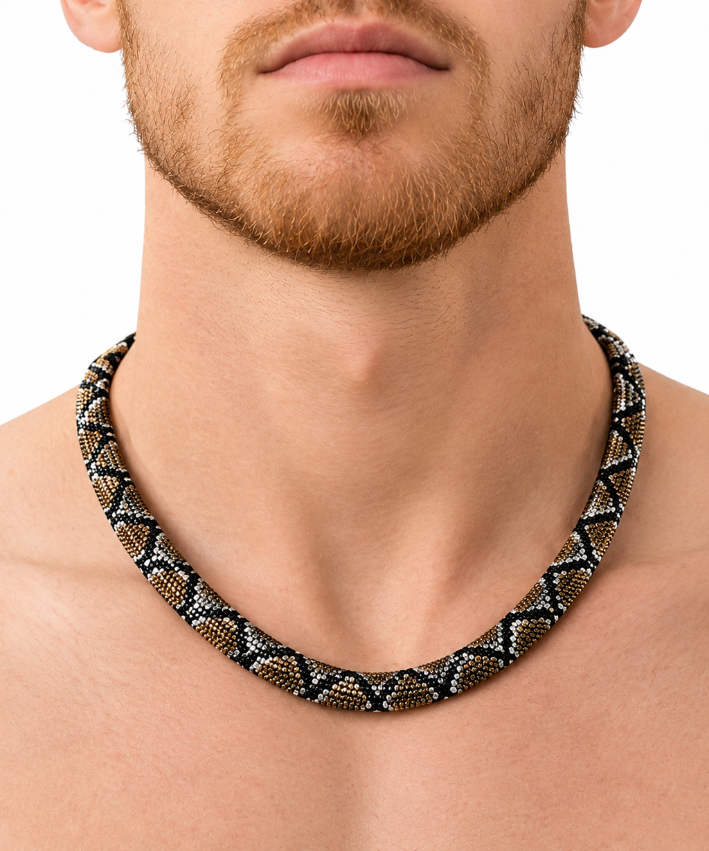 Vintage Snake Pattern Beaded Collar Necklace – Bold Statement Jewelry